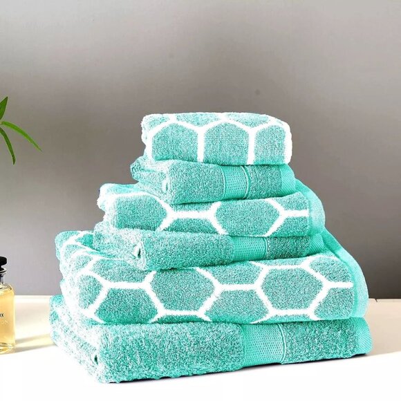 NIP Spirit Linen Honeycomb Design 6 Piece Bathroom Towel Set In Aqua White - Picture 1 of 4
